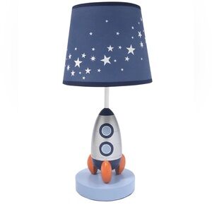 Lambs & Ivy Milky Way Blue/Silver Rocket Ship Nursery Lamp with Shade & Bulb